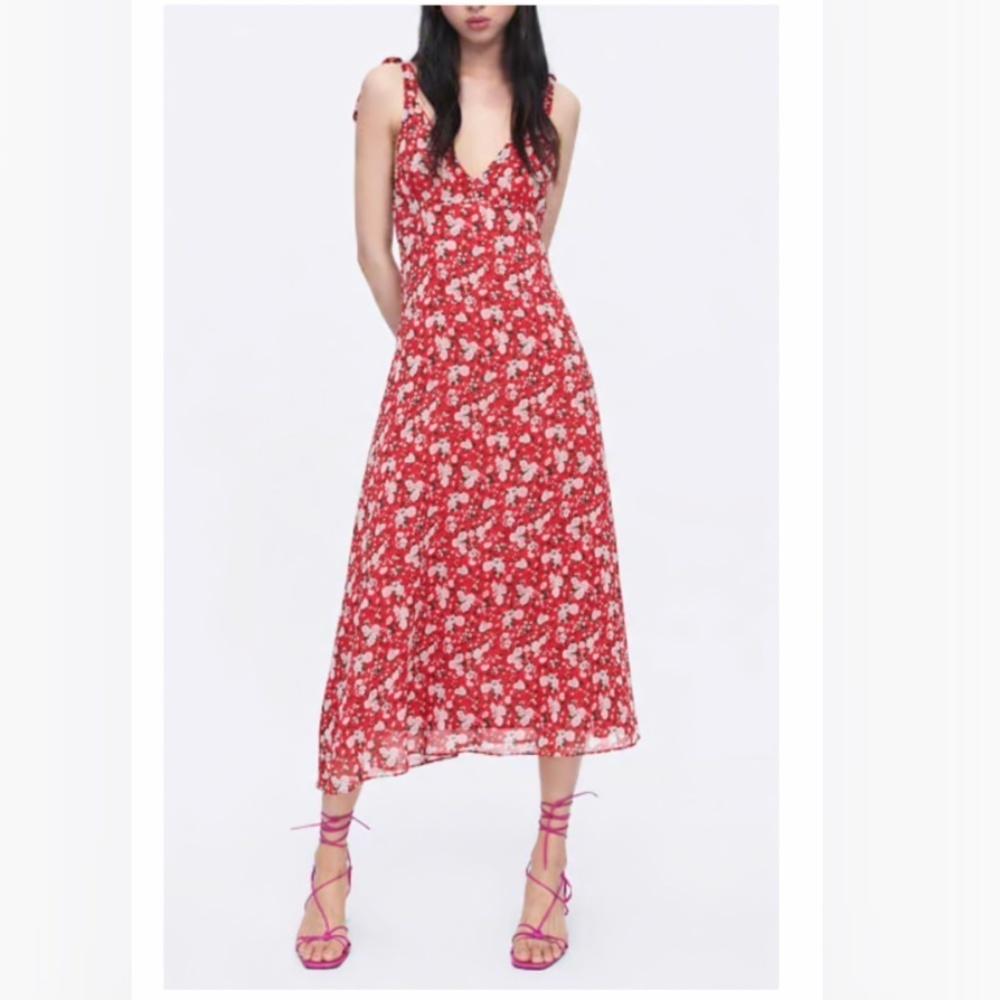 Zara Floral V-Neck Midi Dress Red with White Floral Print Size Small